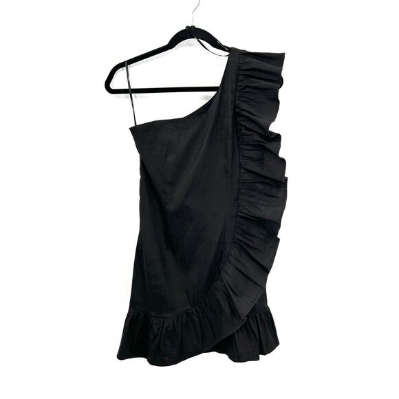 LULUS Chic State Of Mind Black Ruffled One Shoulder Taffeta Mini Dress Medium - Picture 5 of 10